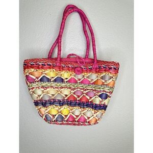 Lane Bryant Accents Tote Bag Womens Pink Multicolor Woven Corn Husk Straw Purse